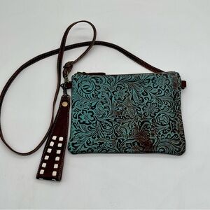 Myra Bag Turquoise Floral Tooled Leather Wristlet with Brown Accents